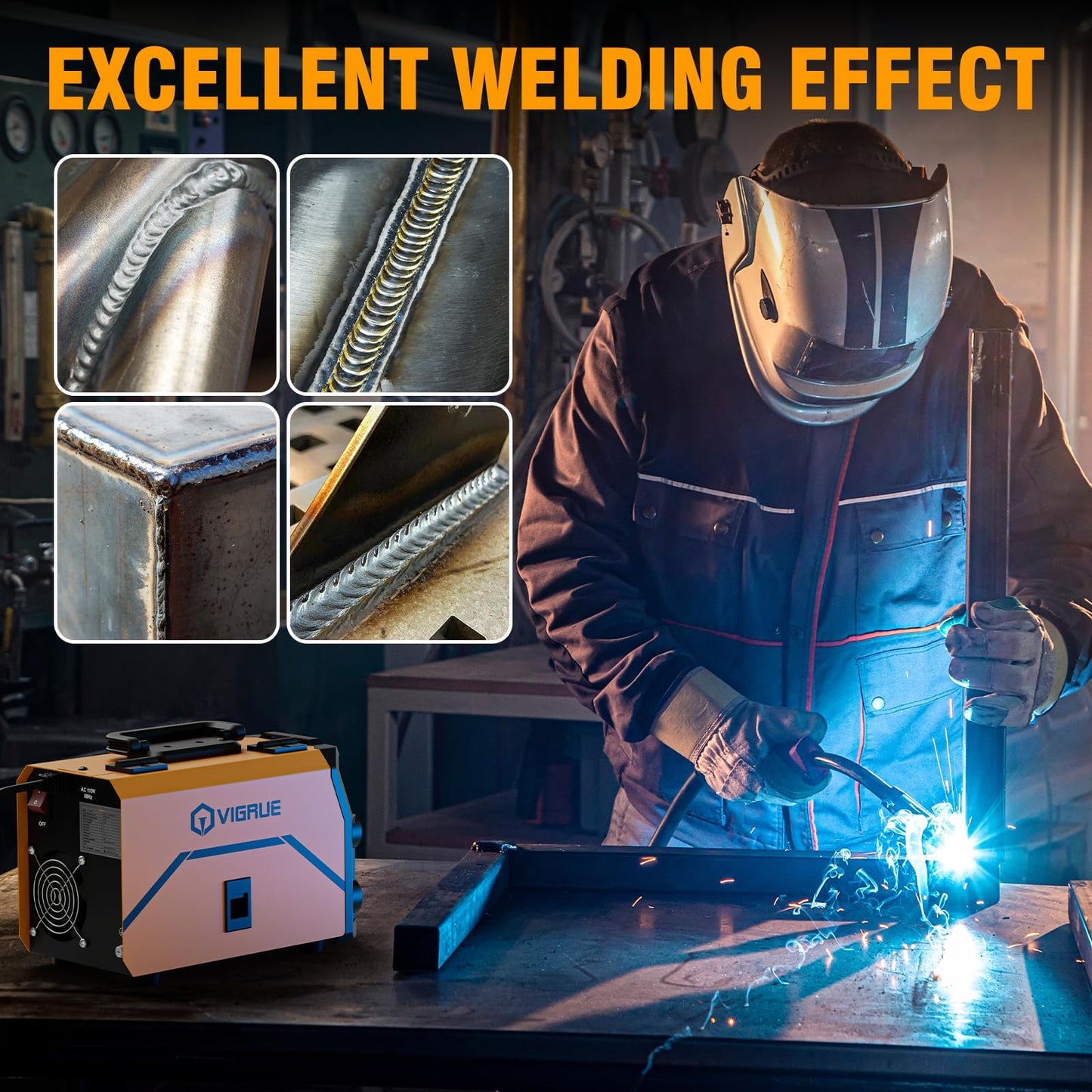 VIGRUE 140A MIG Welder, 110V Flux Core/Stick/Lift MIG 3 in 1 Welding Machine with Large Digital Screen Display & Welding Mask & Gloves