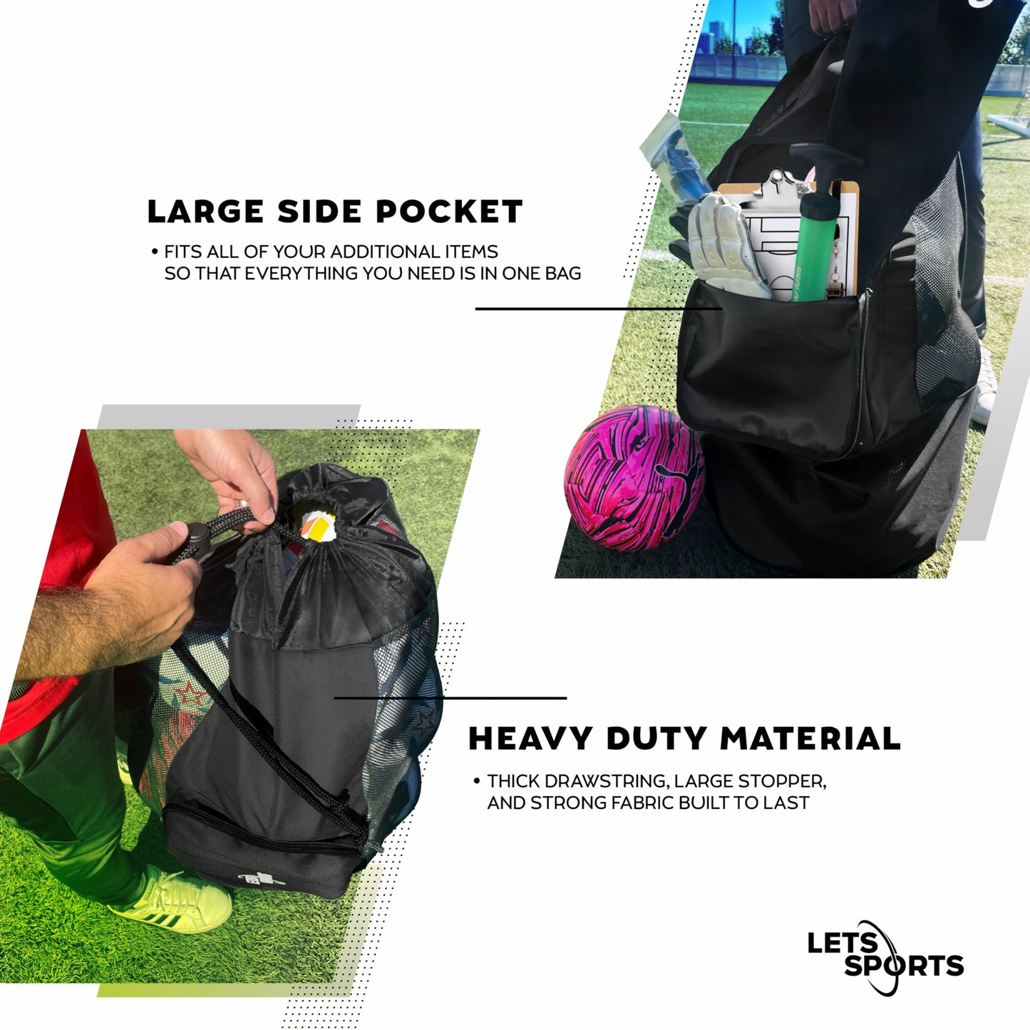 LETS Sports Soccer Ball Bag for Basketball, Volleyball & Football | Large Drawstring Ball Bags Mesh | Heavy-Duty Soccer Ball Bags for Coaches | Equipment Bag w/Shoulder Strap | 37" x 17" Black