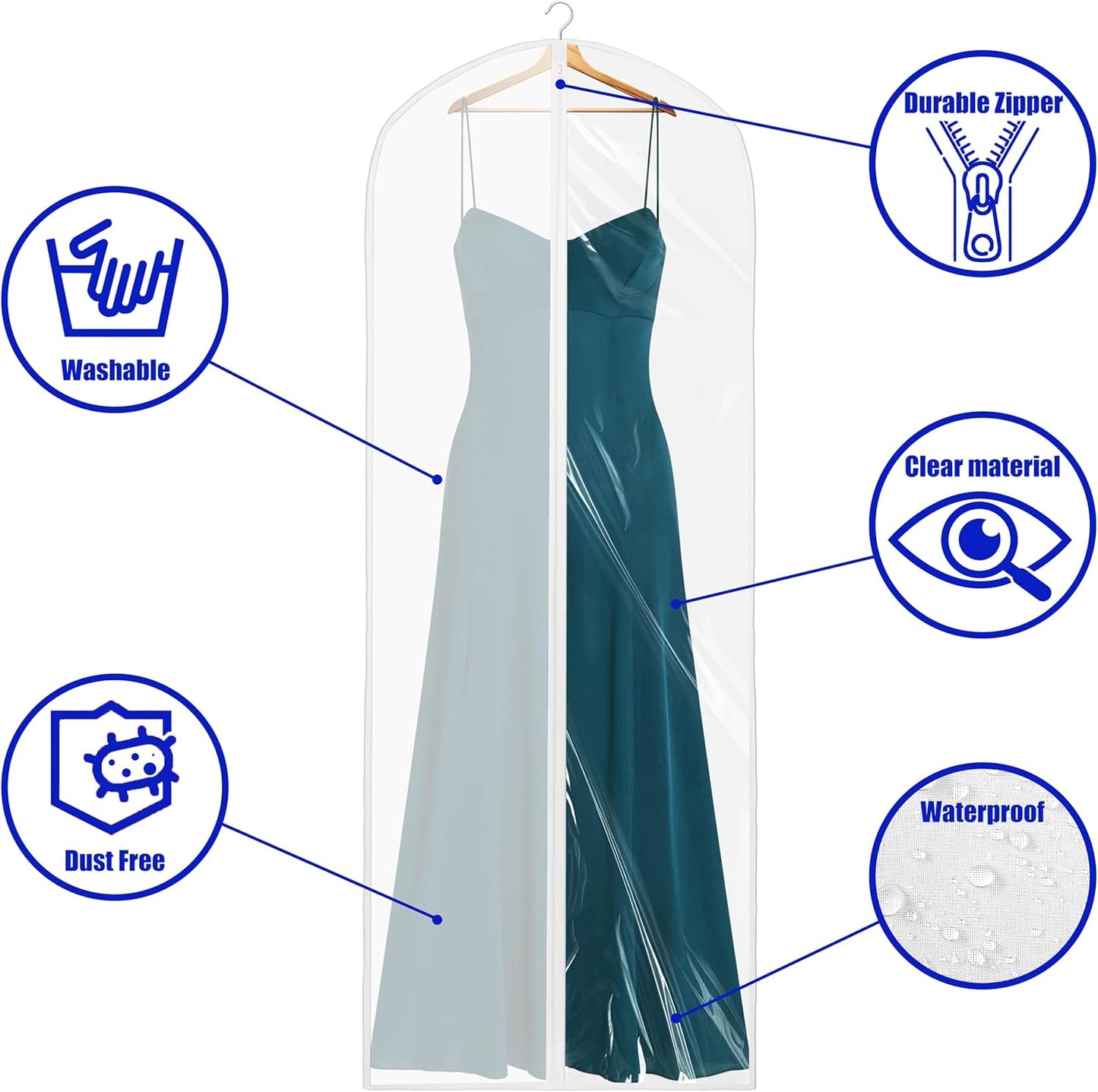 Simple Houseware 65-Inch Clear Garment Bags - Zippered Storage for Gowns, Suits & Dresses | 2 Pack