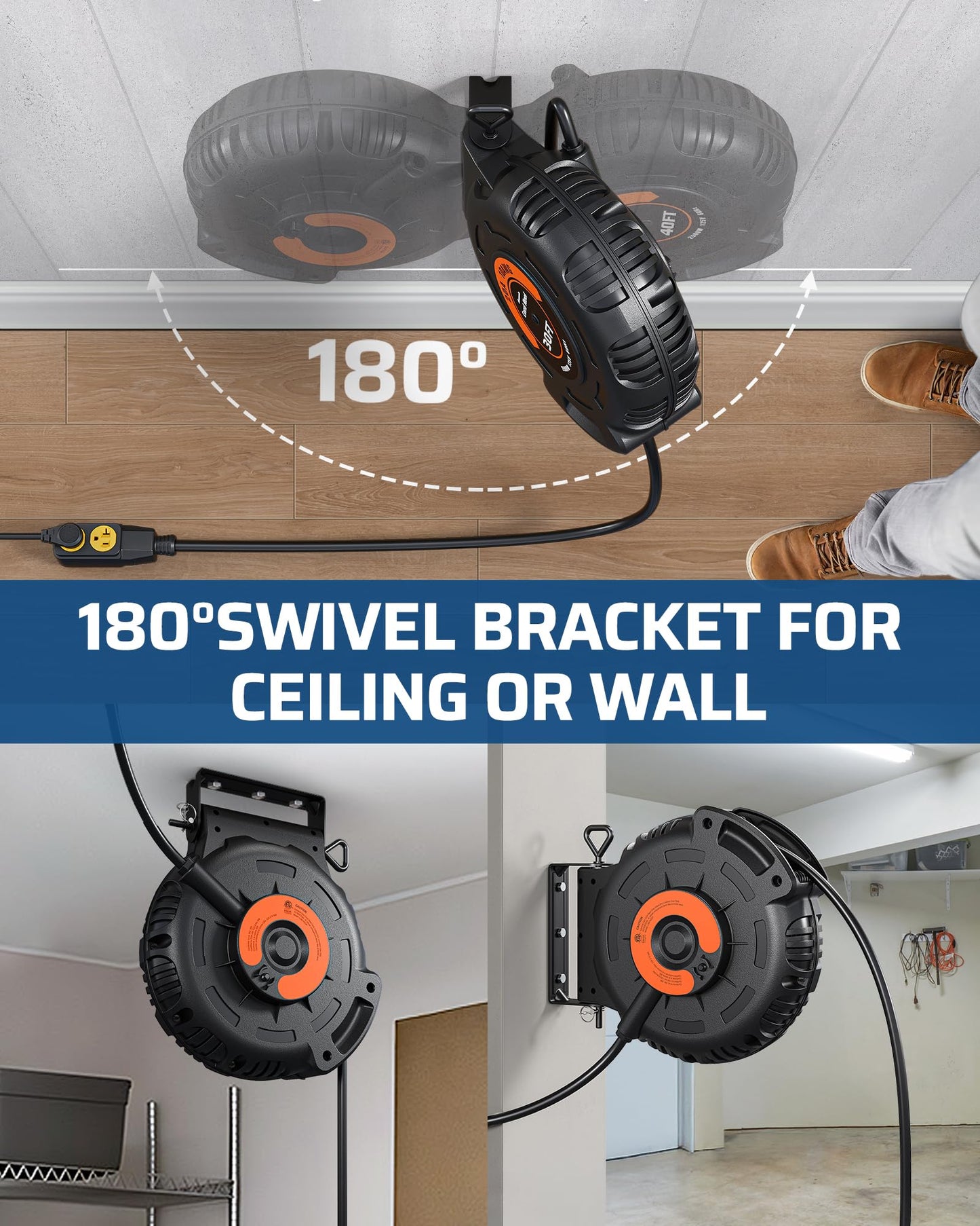 DEWENWILS 20Amp Retractable Extension Cord Reel, 30FT 2500W Heavy Duty Power Cord Reel, 10AWG/3C SJTW Industrial Cable, 4 Grounded Outlets, 180° Swivel Bracket for Garage Workshop Construction Site