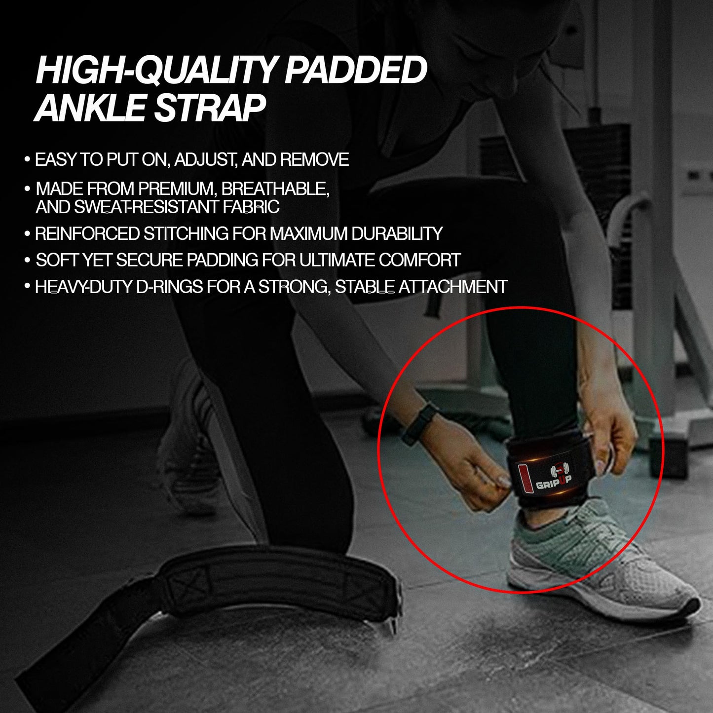 GripUp Adjustable Neoprene Ankle Straps for Cable Machines – Heavy Duty Ankle Cuffs for Leg Workouts, Kickbacks, Glute Training, Resistance Bands – Secure Fit for Women & Men (Pair, Black) (Black Single)