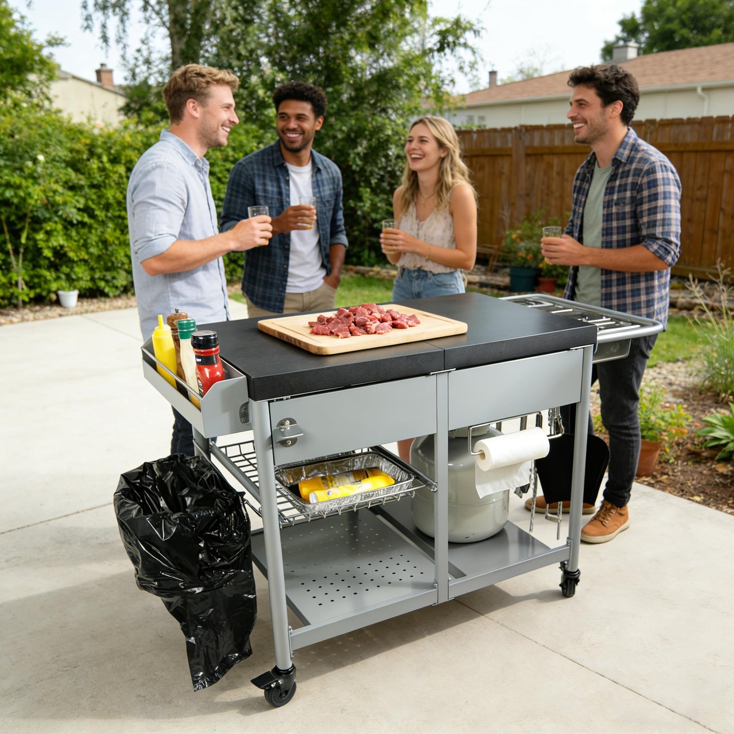 Pizza Oven Table Heavy Duty Outdoor Grill Cart for Blackstone 17/22 Inch Griddle Metal Prep Station fits Ninja Woodfire Ooni BBQ Worktable with Trash Holder Propane Storage Mesh Shelves Black