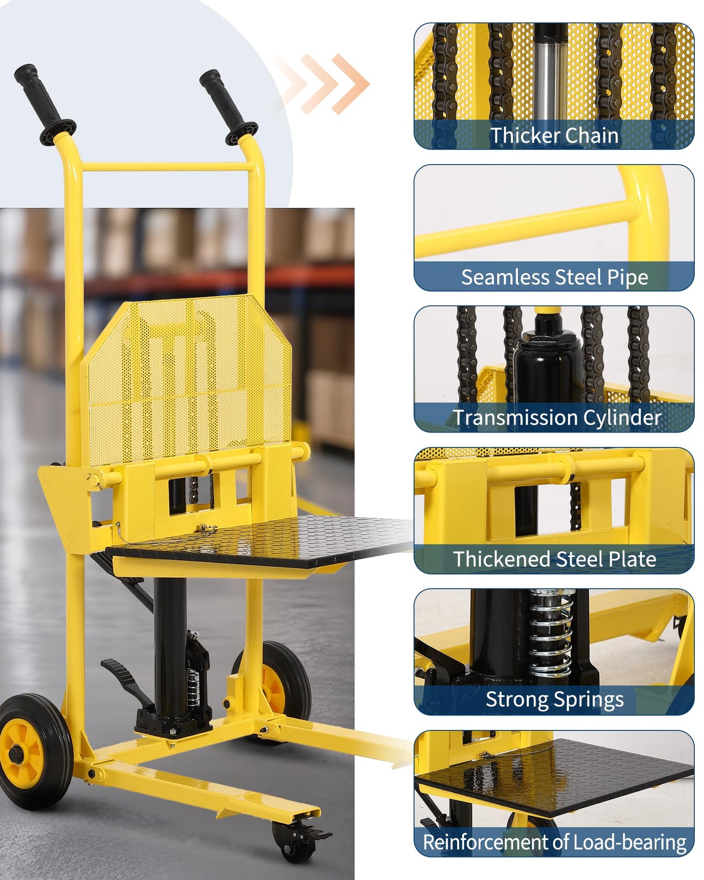 Hydraulic Material Lift with Steel Platform Board, 440lbs Capacity Pallet Truck Dolly, Lift Table, 36" Max Lift Winch Stacker, Multifunctional Hydraulic Hand Truck Fork Lift, Adjustable Forks