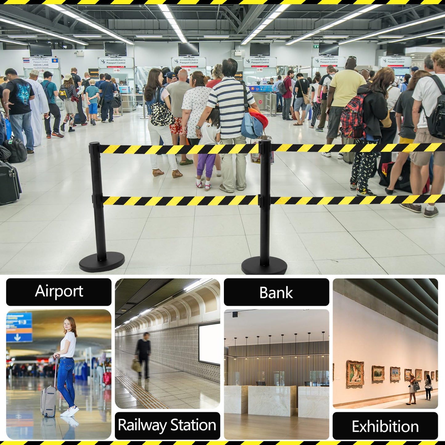 Therwen 6 Pcs Crowd Control Stanchions Set, Double Retractable Safety Belt, Heavy Duty Stainless Steel Crowd Control Barrier, Solid Metal Base, Easy Connect Assembly (9.8 ft,Black and Yellow)