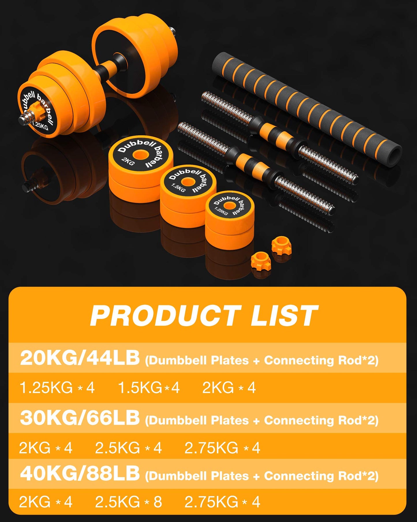 Gruper Adjustable Dumbbells Barbell Set of 2, UP to 44/66 /88 lbs Free Weight Set with Steel Connector, 3 in 1 Dumbbell Barbells Set for Home Gym Fitness Exercises for Men/Women (66.00)