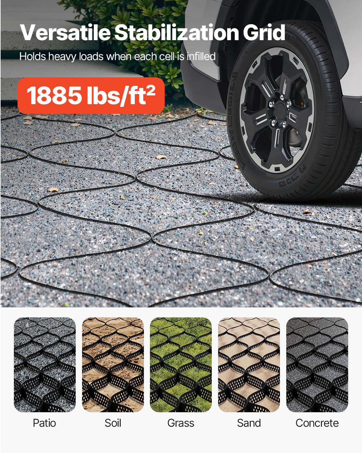 VEVOR Gravel Grid, 2 Inch Depth, 32.81 x 9.84 FT / 10000 x 3000 mm, 1880 LBS Per Sq ft Grass Ground Retainer, Permeable Geo Grids Driveway Stabilization, for Garden, Patio, Walkway, RV Parking Slopes