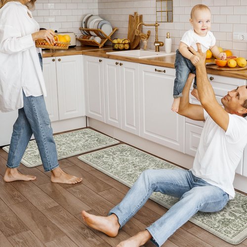KIMODE Anti Fatigue Kitchen Mat Set, Non Slip Waterproof Kitchen Rug Set of 2, Boho Rugs for Kitchen, Ergonomic Standing Kitchen Sink Mats for Floor, 17"x29.5"+17" x47”, Green