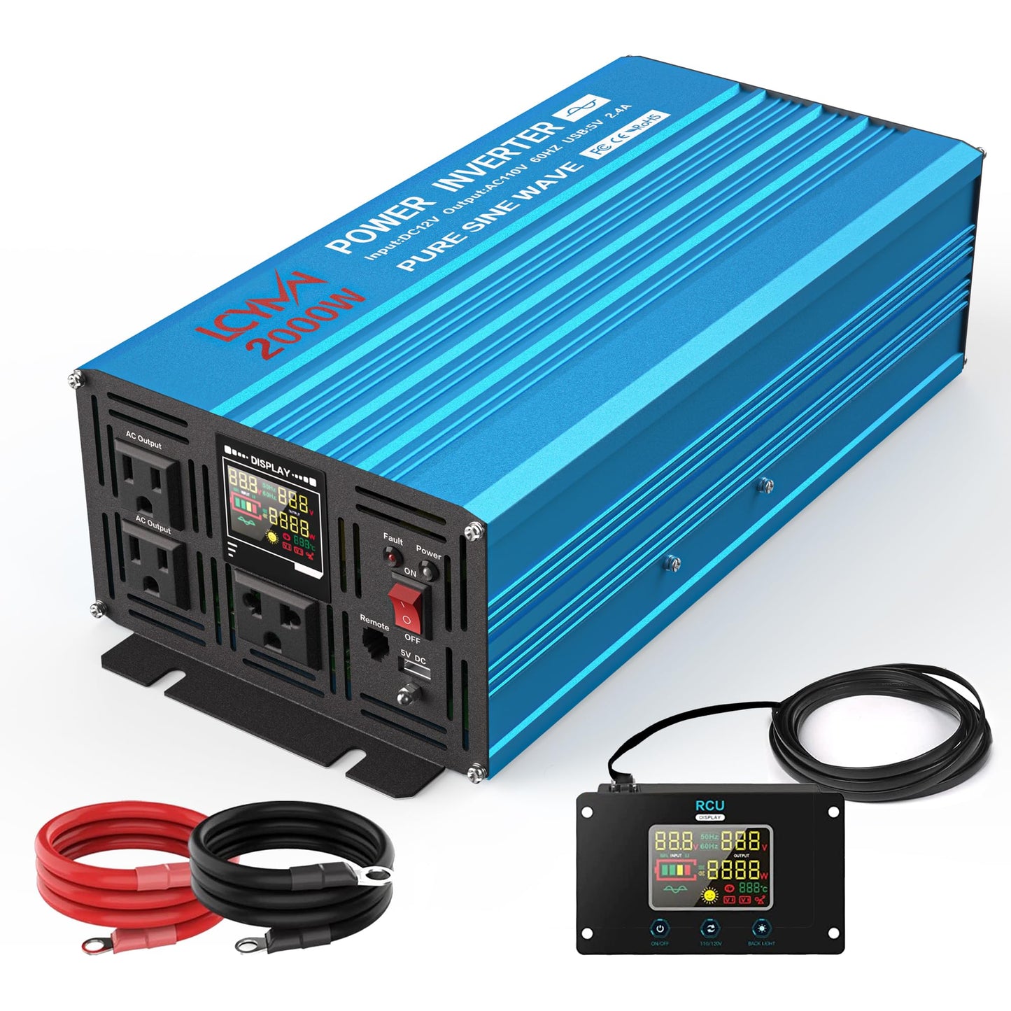 LCYMW 2000W Pure Sine Wave Inverter DC 24V to 110V/120V AC 4000 Watt Peak Power Inverters with 3 AC Outlets USB Charging Port LCD Display and Remote Control Car Solar Converter for Vehicle Home Truck