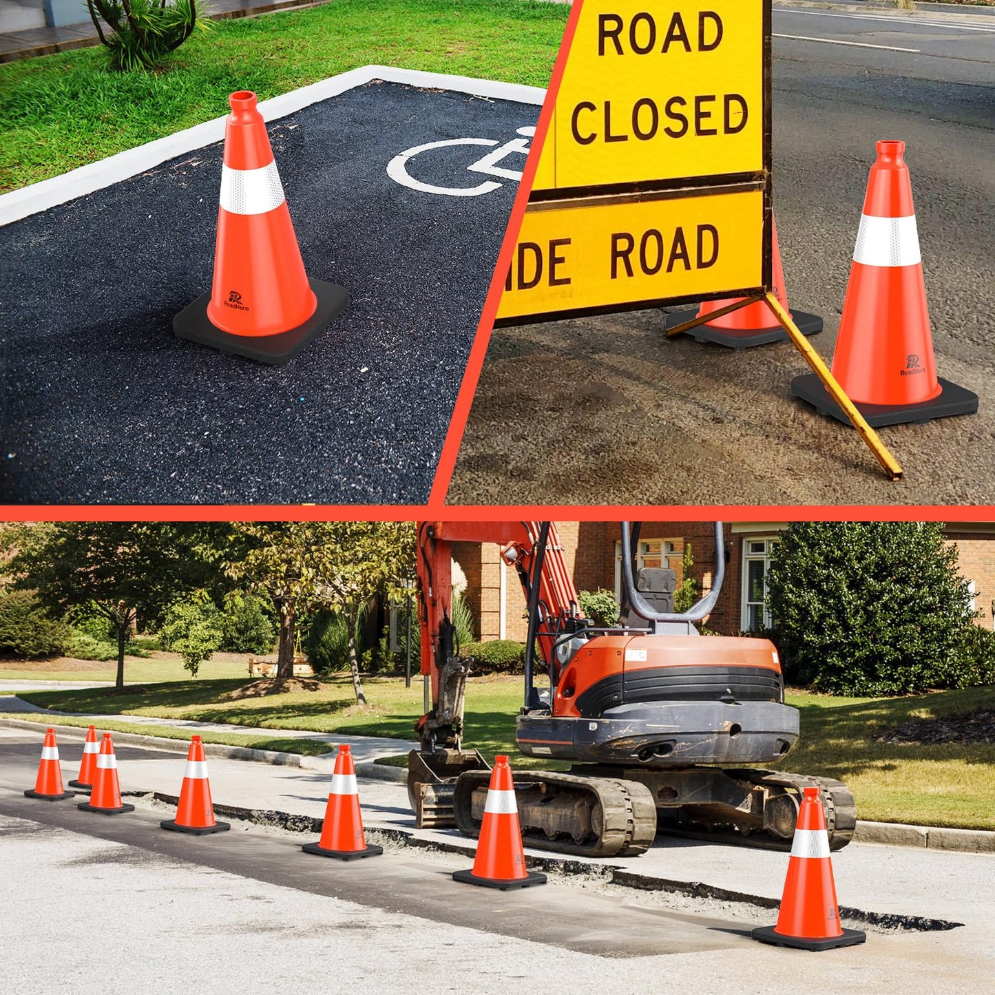 RoadHero 8 Pack Traffic Safety Cones 18 Inch, PVC Cone with Black Weighted Base, Orange Cones with Reflective Collar, Cones for Parking Lot, Construction Events, Road Safety