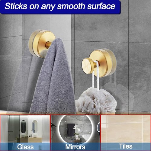 Bntuk Suction Cup Hooks - Removable Towel Hooks for Shower & Bathroom | 4 Pack, Gold Finish