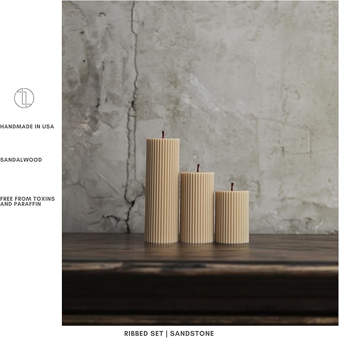 LAWA Roman Handmade Tall Ribbed Pillar Candle - Beautiful Scented Soy Wax Dinner Candle | Classic Aesthetic Decoration Set | Housewarming Gift | Home Room Shelf Decor Idea - Sandstone (Set of 3)