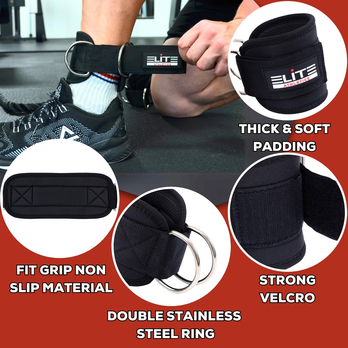 Elite Athletics - Ankle Straps for Cable Machine & Wrist Lifting Straps Set for Weightlifting, Cable Kickbacks, Glute Workouts, Deadlifts & Strength Training – Adjustable 8MM Padded Neoprene Gym Straps for Men & Women