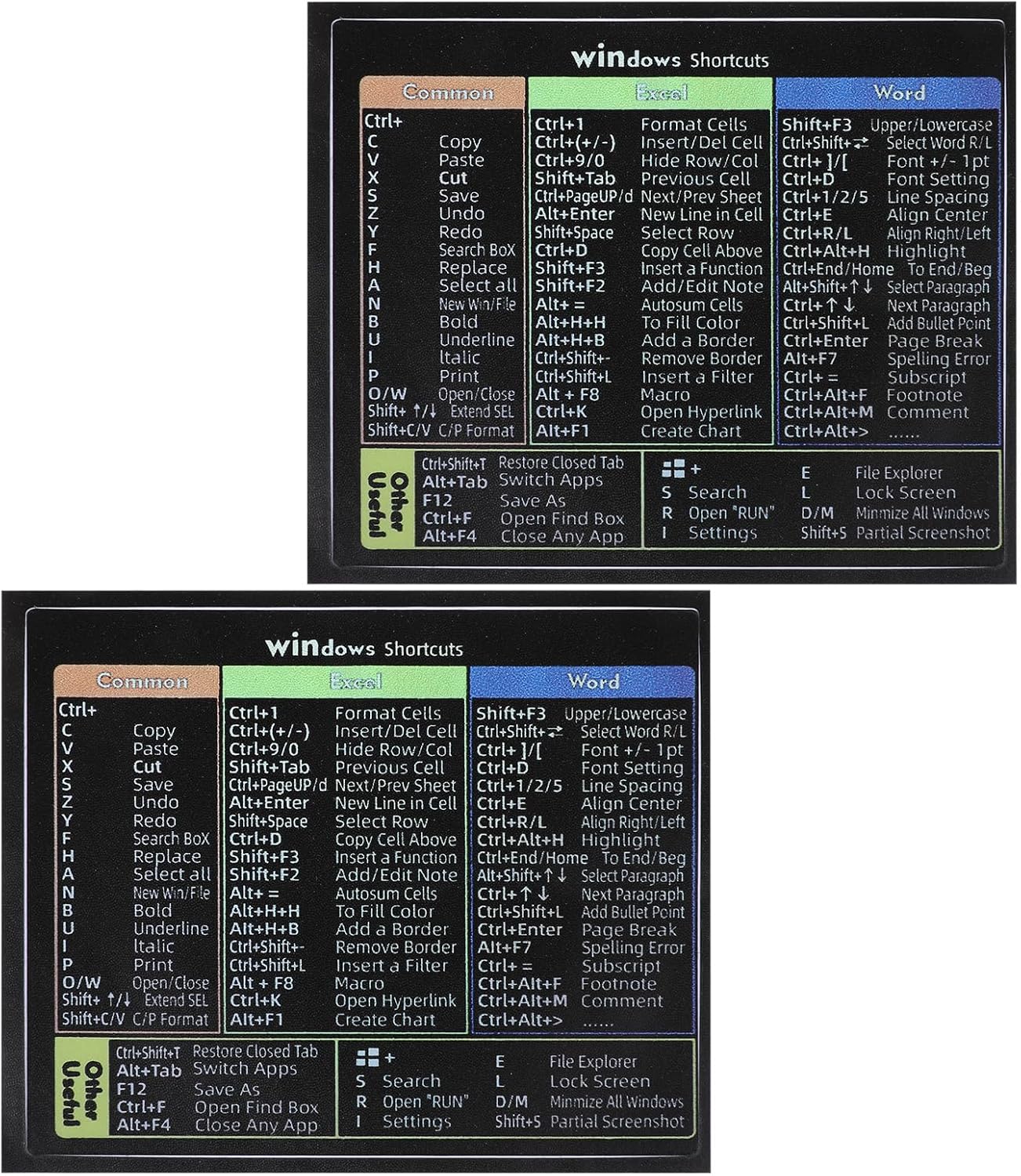Eldraqth 2 Pack Windows Shortcut Sticker, Word/Excel Keyboard Shortcuts Cheat Sheet Shortcut Sticker Quick Reference