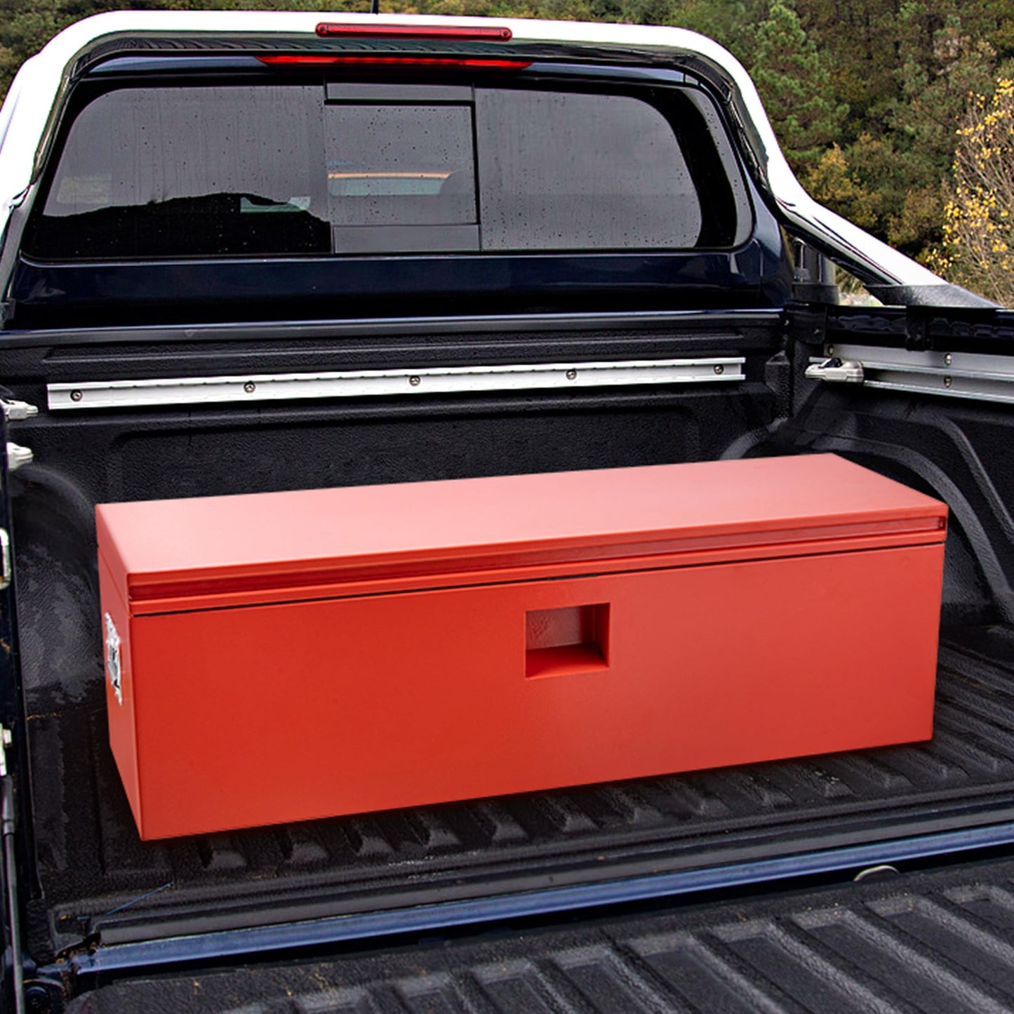 PeacefulHues Heavy Duty Steel Truck Toolbox – 76x38x38cm – Gas Shock Lid – t-Handle Lock – Weatherproof Rubber Seal – Secure Underbody Storage Chest – Fits Pickup, Truck Bed, RV, Trailer