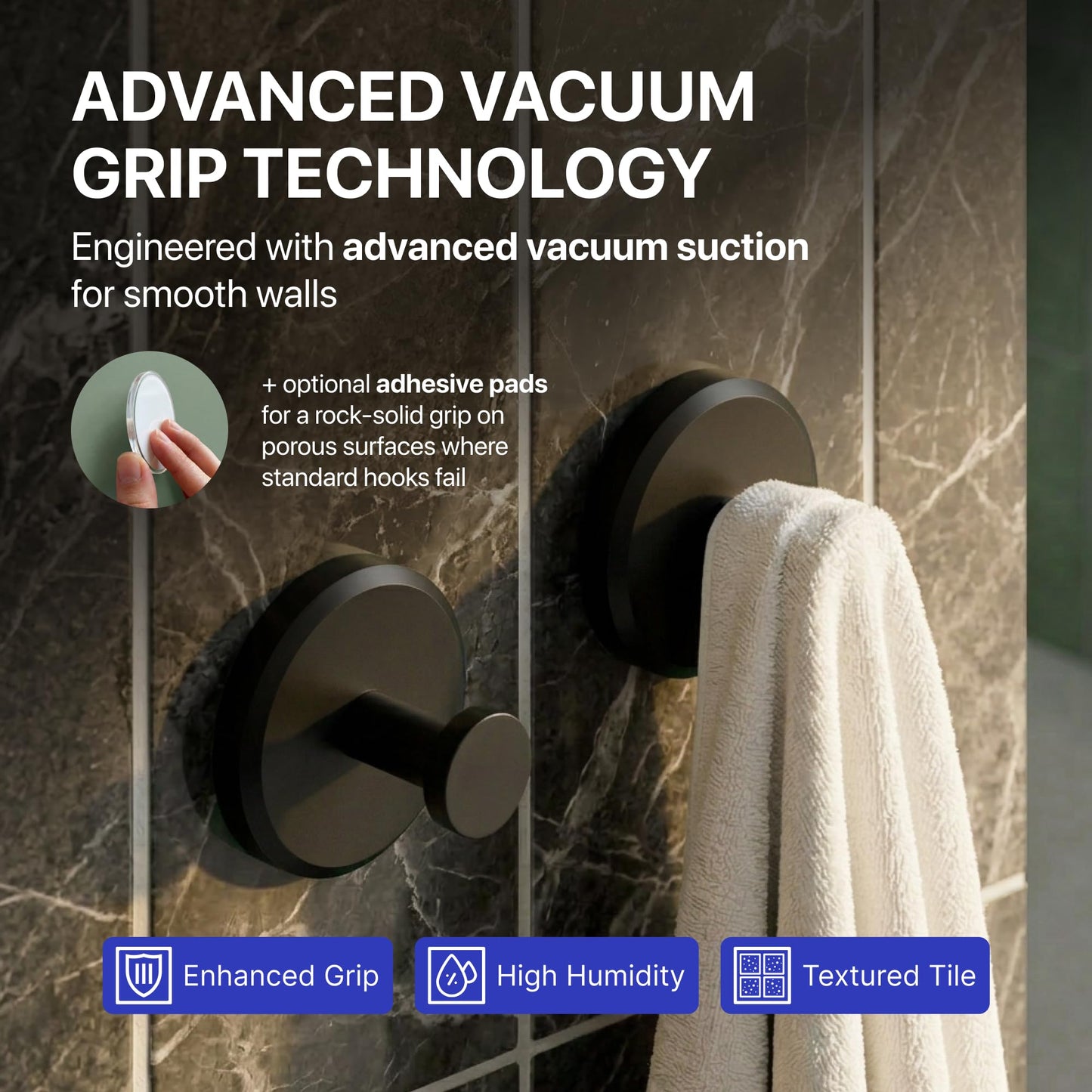 HOME SO Suction Cup Hooks for Shower & Bathroom Towel Holder 2-Pack – Suction Cups Hooks for Hanging Towels, Robes, & Coats - Tiles, Glass Door or Mirror – Shower Hooks & Towel Hooks Organizer - Black