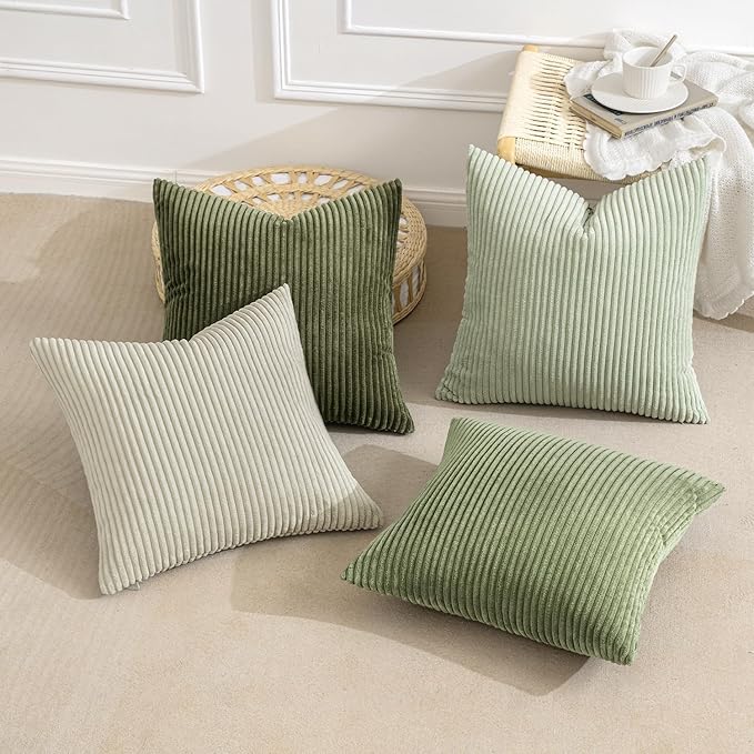 MIULEE Boho Farmhouse Throw Pillow Covers 20x20 Inch Set of 4 Mordern Neutral Green Cushion Covers Soft Corduroy Nordic Home Decor for Spring Couch Bed Sofa Living Room Green-White
