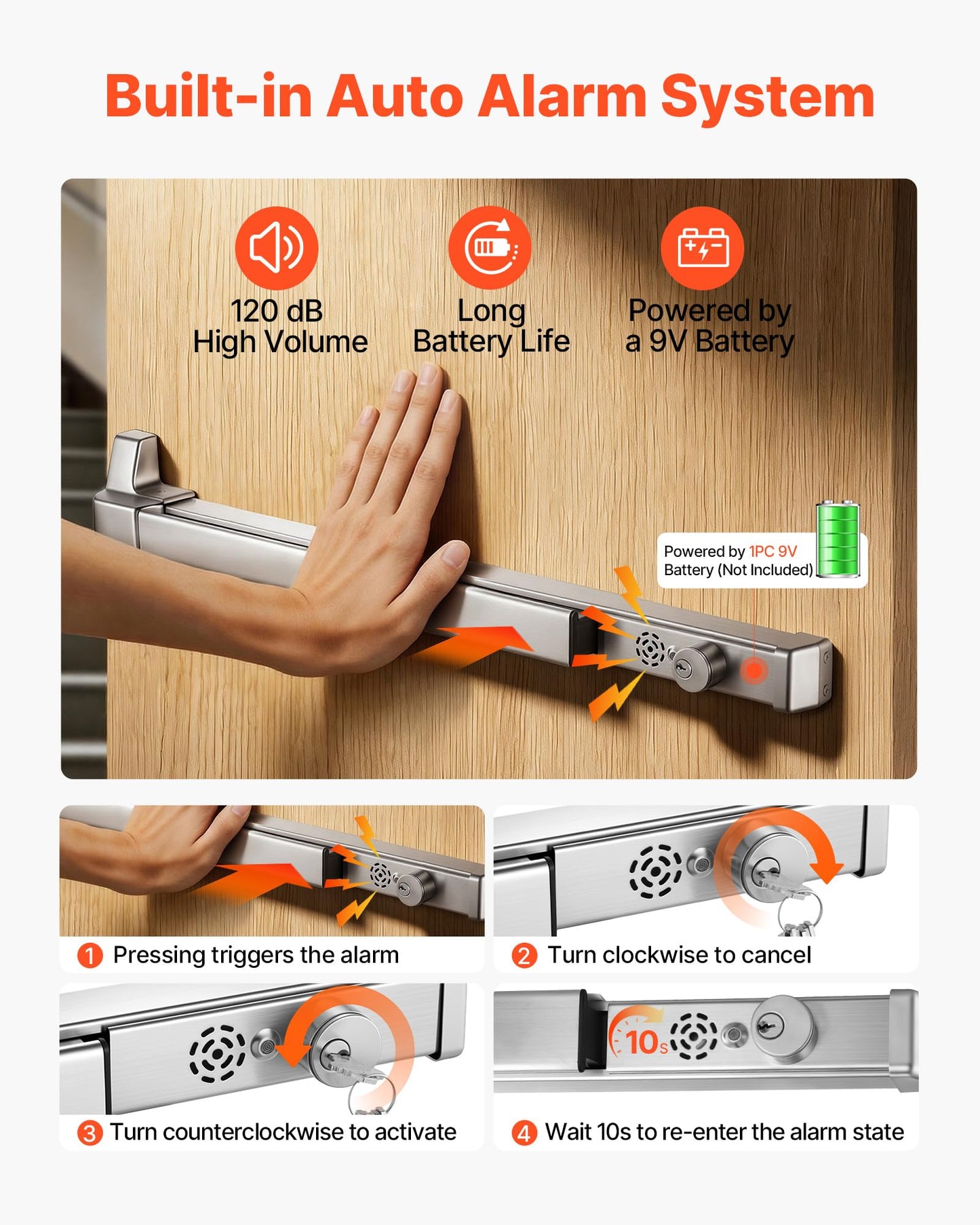 VEVOR Push Bar Panic Exit Device, 31" Stainless Steel Commercial Panic Bar for Exit Doors, Emergency Exit Door Hardware with Auto Alarm System and Sticker, for 31"-46" Wood or Metal Door, Silver
