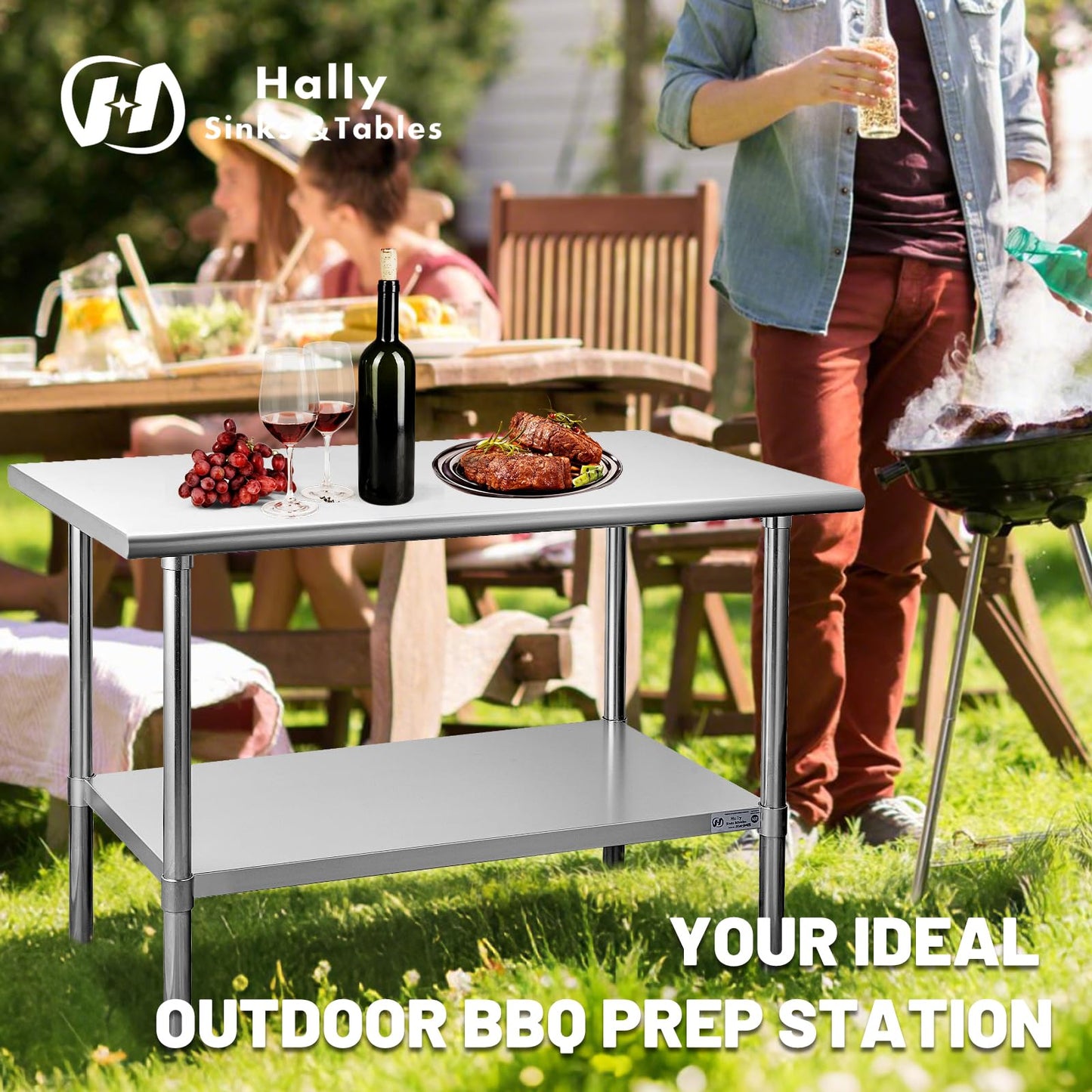 Hally Stainless Steel Table for Prep & Work 30 x 18 Inches, NSF Commercial Heavy Duty Table with Undershelf and Galvanized Legs for Restaurant, Home and Hotel