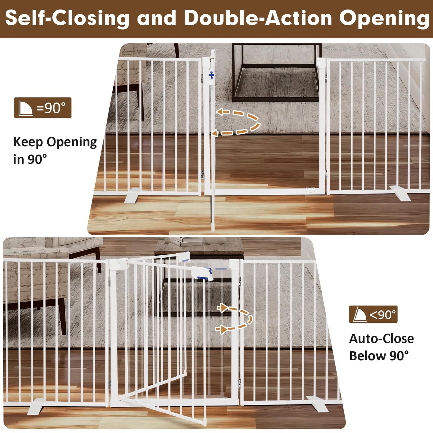 104" Extra Wide Dog Gate, Heavy Duty Metal Freestanding Dog Gate with Door for Indoor & Outdoor, Foldable Pet Fence for Doorways,House,Porch,Deck,Yard,Stairs, Auto Close(4 Panels,White)