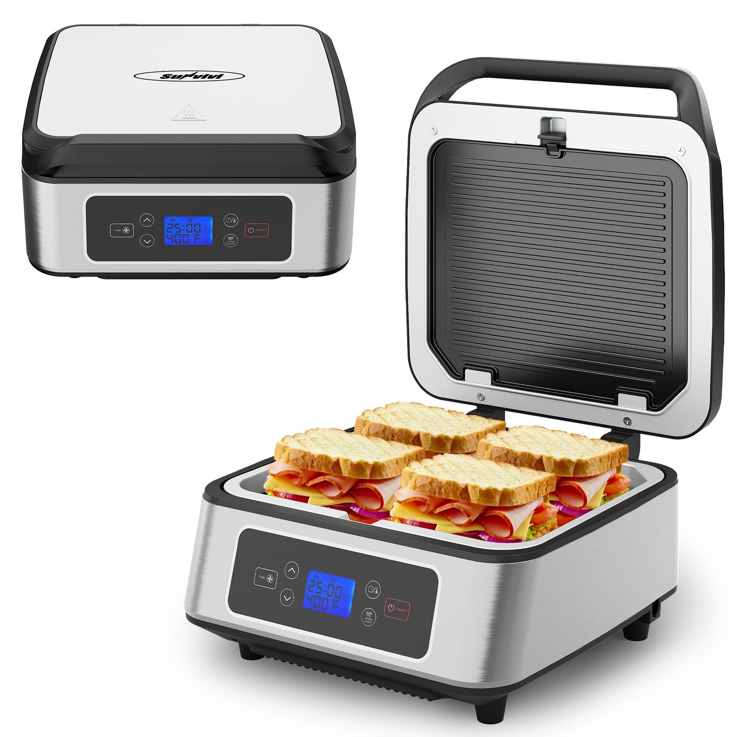 Sunvivi Indoor Grill, 1300W Smokeless Grill Indoor with Auto-Lift, Electric Griddle Nonstick with Removable Plates, Independent Upper Heating, Smart Time & Temperature Control, Easy to Clean and Store