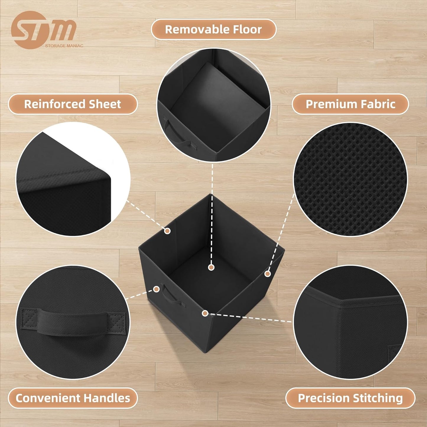 Storage Maniac Storage Cubes - 13 Inch Collapsible Bins with Handles | 8-Pack Durable Black Fabric for Organization