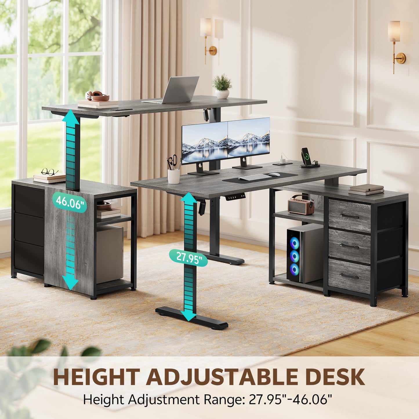 Homiflex 47 Inch L Shaped Desk with 3 Drawers Electric Standing Desks with Storage Computer Table Adjustable Height with Power Outlets 4 Memory Presets for Home Office, Grey