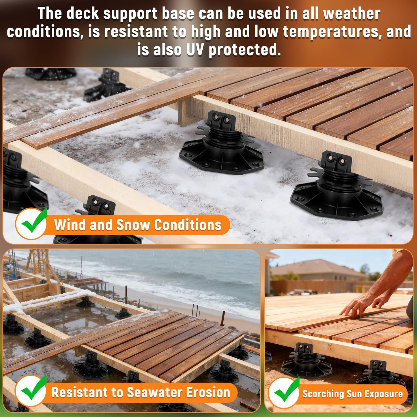 24 Pack Deck Support Pedestal with Joist Tape, Deck Support Plastic Adjustable Height from 1-3/16“ to 2-3/8”, Adjustable Deck Support for WPC Floating Deck Platforms (Unilateral Keel Slot)