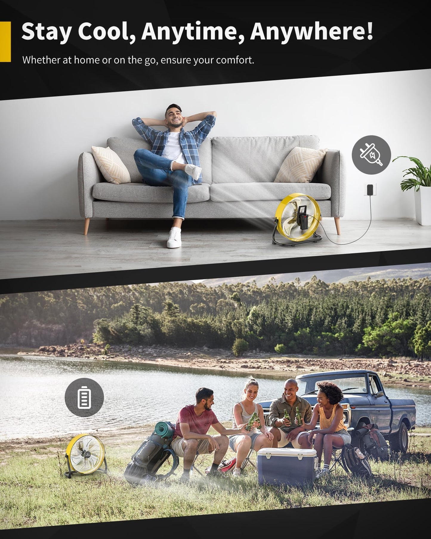 Airvention 15600mAh Rechargeable Battery Operated Drum Fan, 12 inch Yellow Industrial High Velocity Floor Fan, Shop Fan for Camping Gym Garage Outdoor Indoor, AI-F600Y