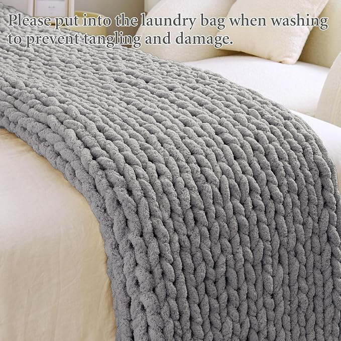 Admitrack Chunky Knit Blanket Throw, 100% Hand Knit Chenille Throw Blanket for Sofa & Home Decor, Soft and Cozy Knitted Throw Blankets (Dark Gray，51"x63")
