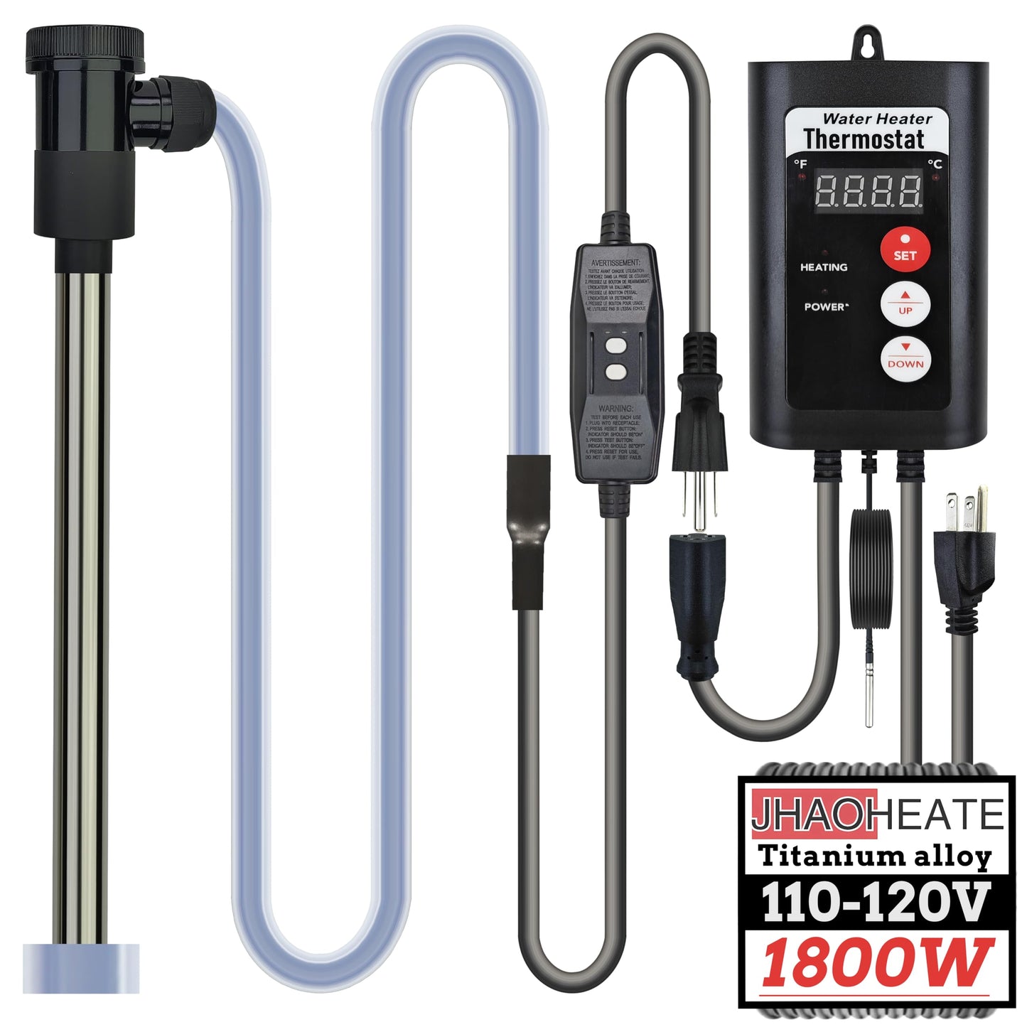JHAOHEATE Portable Titanium Hot Tub & Pool Submersible Water Heater 1800W 120V Electric Immersion Water Heater with GFCI Leakage Protection & Temp Control for Bathtub, Inflatable Pool, Spa, Baptistry