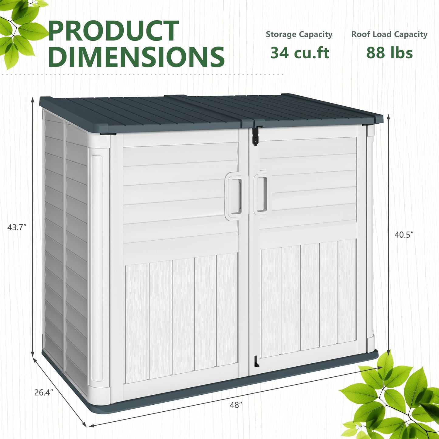 Greesum Outdoor Trash Can Storage Shed, 34 Cu.ft Horizontal Outdoor Storage Cabinet, Waterproof for Garden, Pool Storage, Garbage Cans, Beige