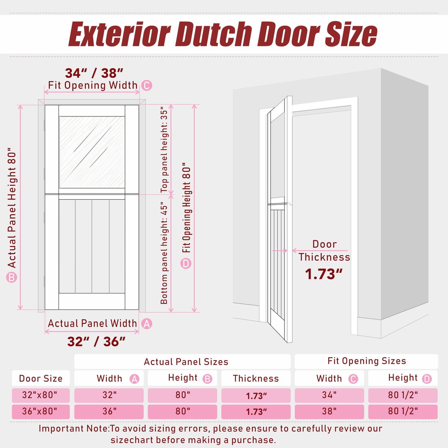 Lakenyon Exterior Prehung Dutch Door, 32" x 80" Left-Handed Front Door, 1 Lite Tempered Frosted Glass Split Single Doors, Solid Core Home Door, Natural Pine Wood - with 4 Black Hinges with Jamb