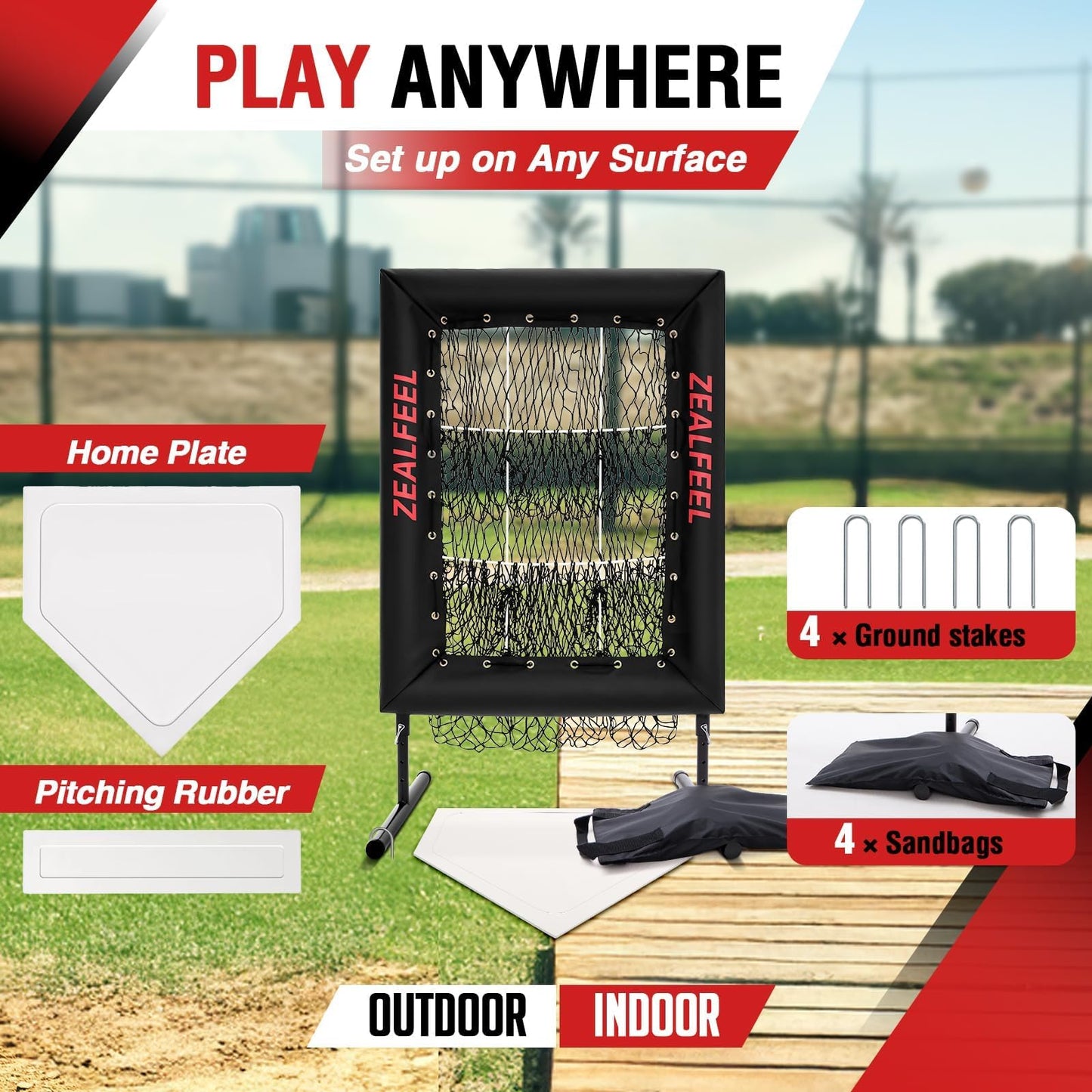 ZEALFEEL Baseball Pitching Net Pro, 9 Hole Pitching Target with Strike Zone Target, 5 Height Adjustable, Portable Easy Setup Trainer Net for Baseball & Softball with Ball, Home Plate & Pitching Rubber