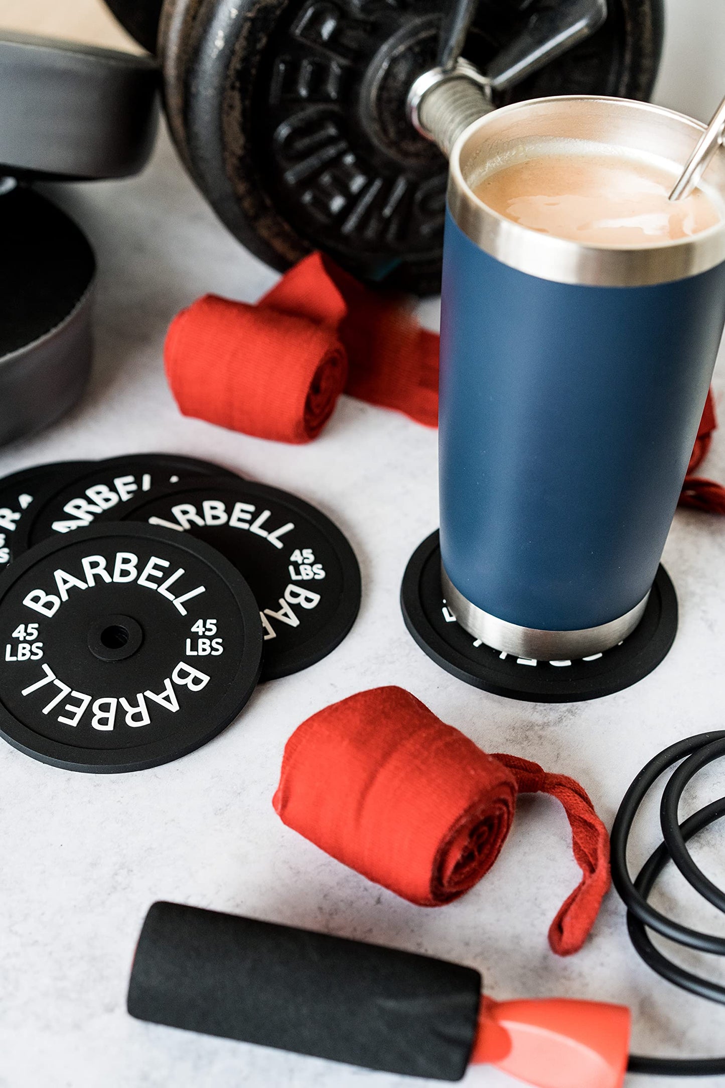 Barbell Bumper Plate Drink Coasters Set of 6, Round Black Silicone Coasters for Coffee Table, Absorbent Coaster for Drinks, Fitness Gym Gifts for Men & Women, Weightlifting Coaster Gym Accessories