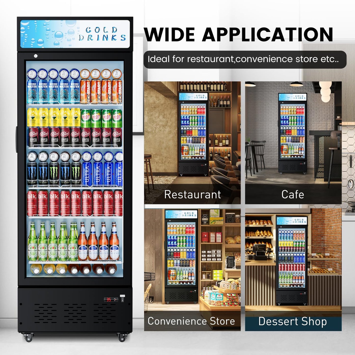 Ferueo Commercial Beverage Refrigerator, 15 Cu.ft.Display Fridge Glass Door Upright Display Door with Adjustable Shelves LED Light for Restaurant,Grocery Stores,Office