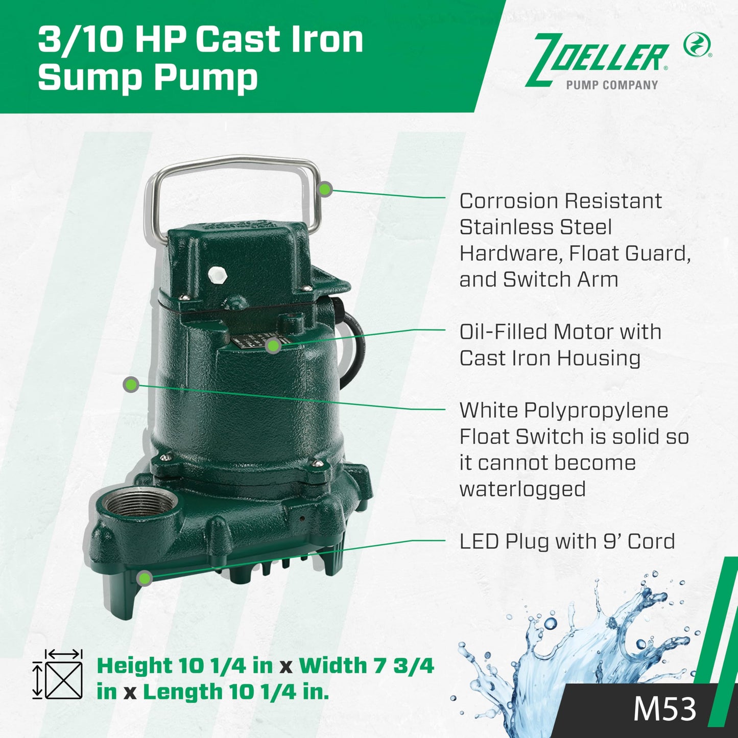 Zoeller M53 Mighty-mate Submersible Sump Pump, 1/3 Hp