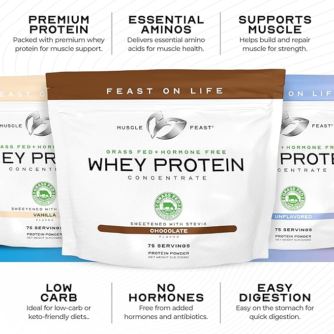 Muscle Feast Grass-Fed Whey Protein Concentrate Powder, All Natural, Hormone Free Pasture Raised Whey Protein Powder for Women & Men, Clean, Non-GMO & Gluten Free Whey Concentrate - Chocolate, 5lb