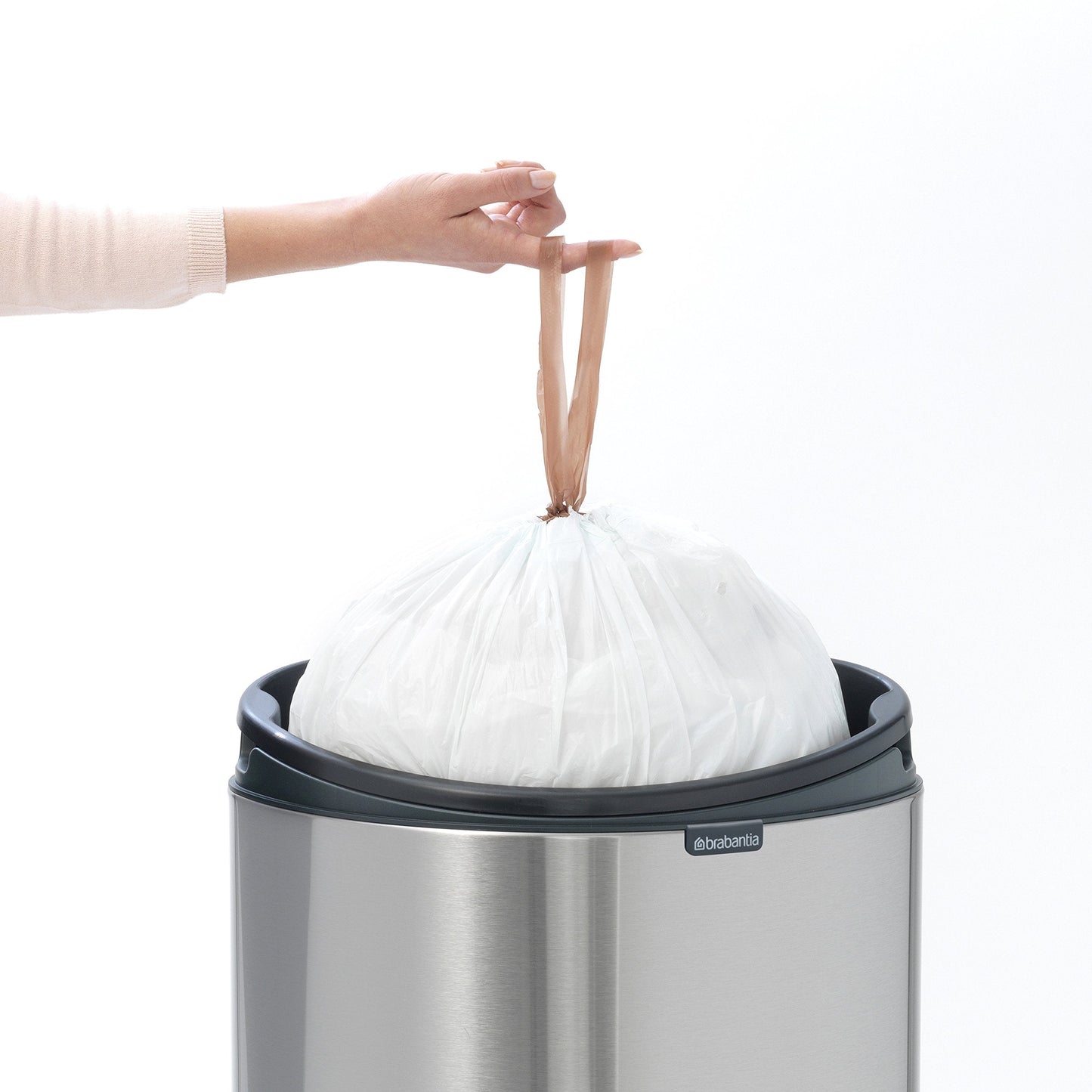 Brabantia Press-Top Kitchen Trash Can with Flat Back | White | 10.6 Gallon / 40L | Home Trash Can with Soft-Touch Stay-Open Lid & Removable Inner Bucket | Fits Flat Against Walls | + Trash Bags