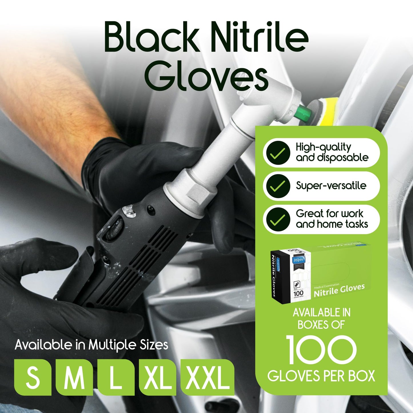 Inspire Black Nitrile Disposable Gloves | 4.5 Nitrile Disposable Safety Medical Cleaning Gloves (Black - Box Of 100, Large)