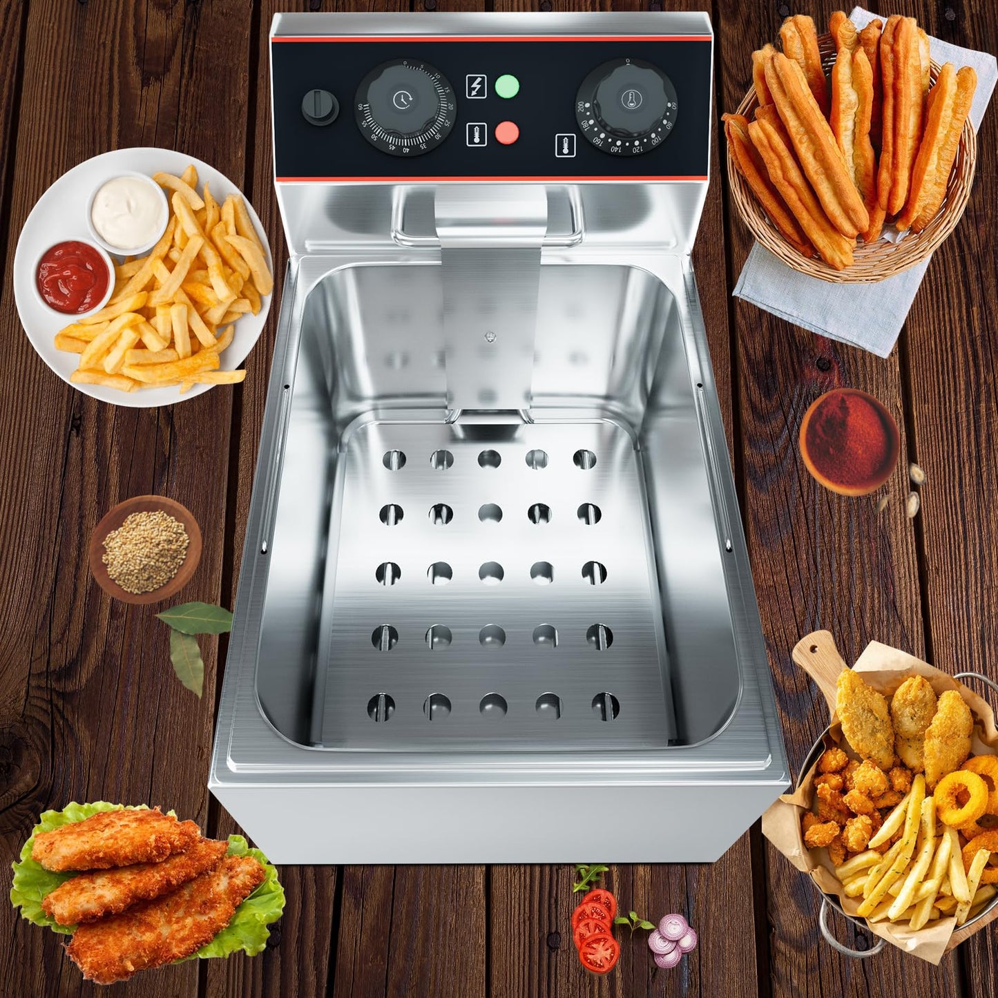 Garvee Stainless Steel Commercial Deep Fryer, 11.6 QT/11 L Countertop Electric Oil Fryer with Detachable Basket and Lid, Adjustable Temperature Control for Home and Restaurant Use, 1500W