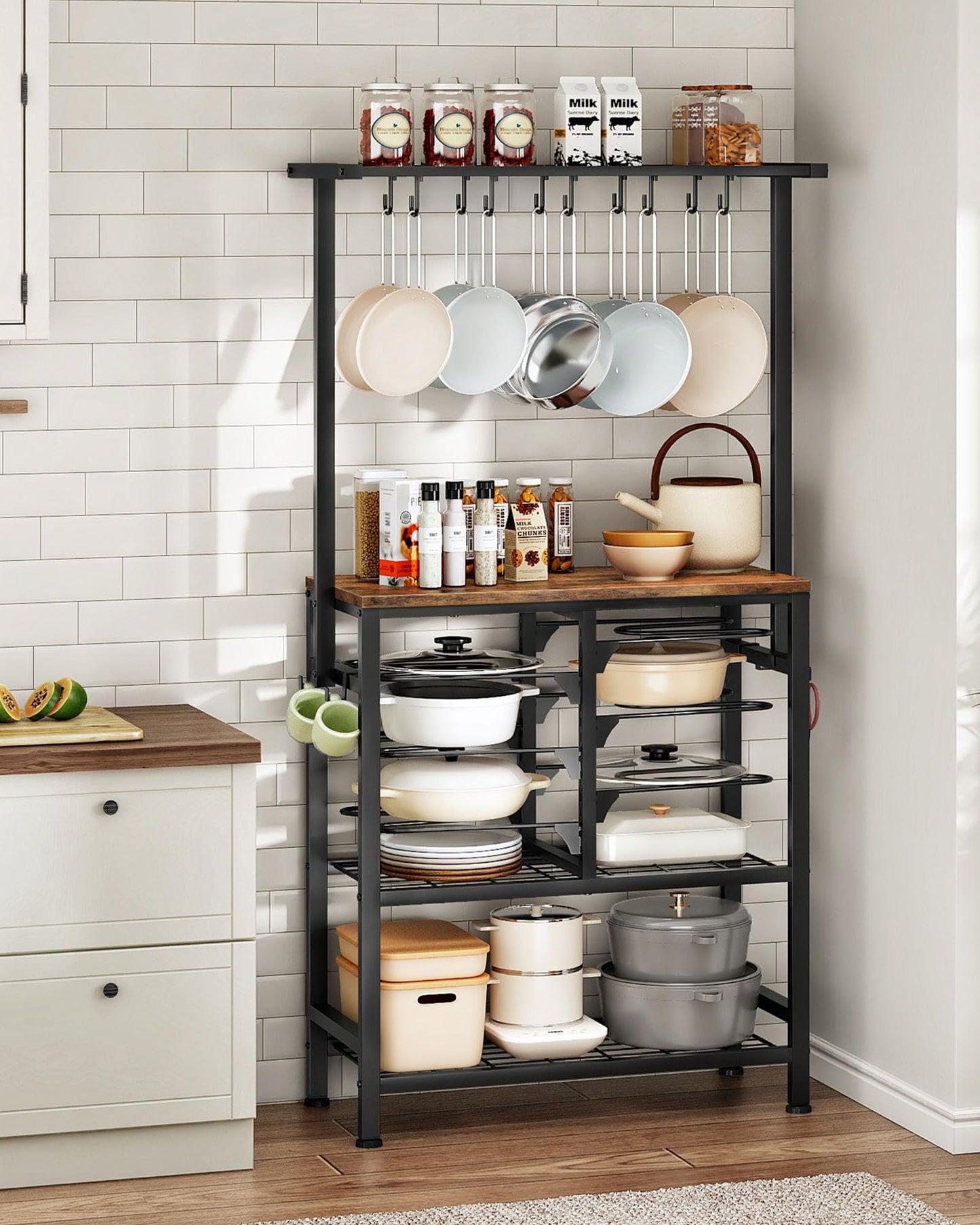 CHOEZON Pots and Pans Organizer Rack, Kitchen Bakers Rack, Multi-Tier Storage Shelf, Kitchen Island Table, Cooking Rack with Pots and Pans Storage, Rustic Brown and Black TPR60BF