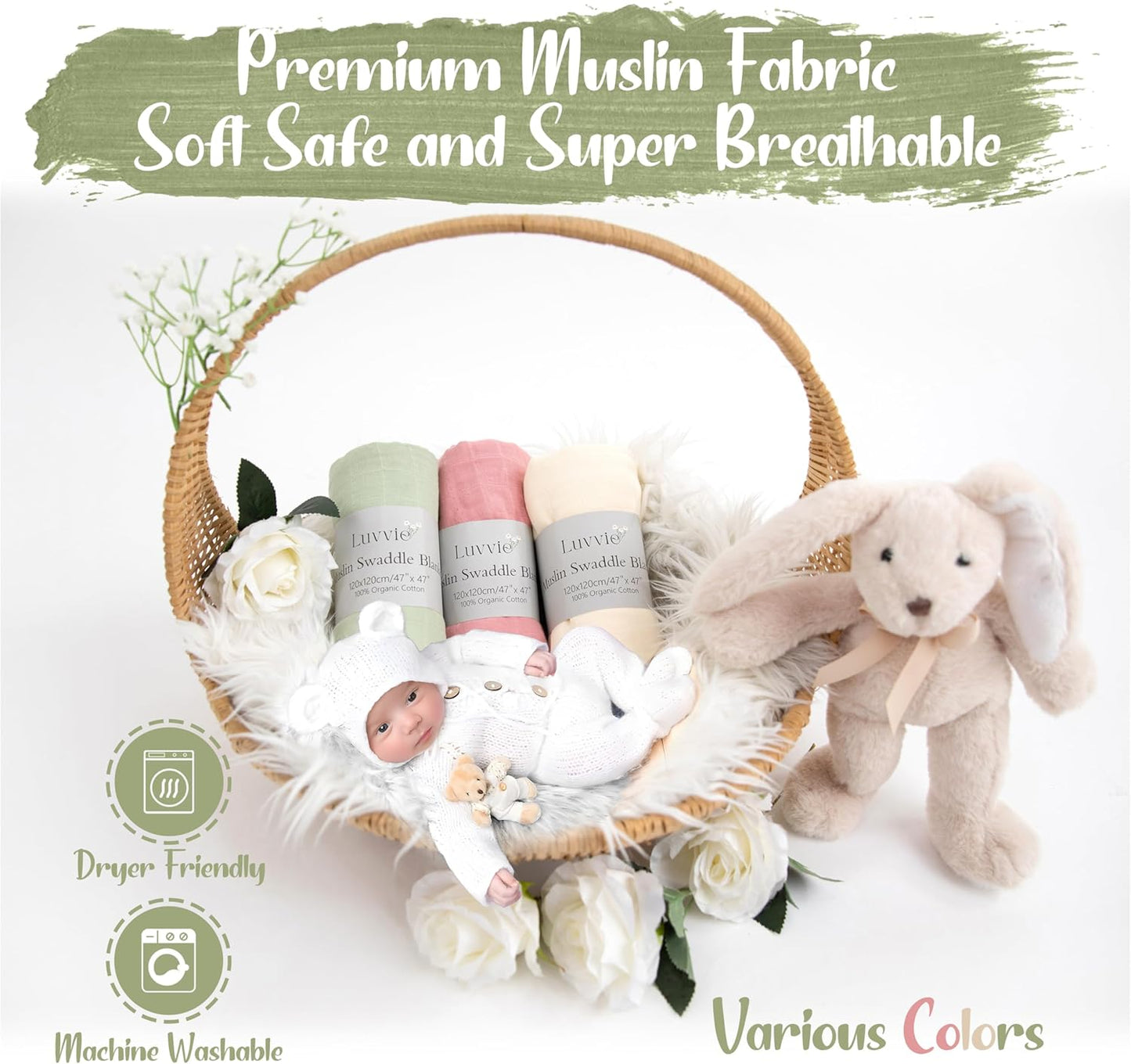 Skiennix Organic Muslin Swaddle Blankets - 100% Cotton, Soft & Breathable, 3-Pack, 47 x 47 Inches