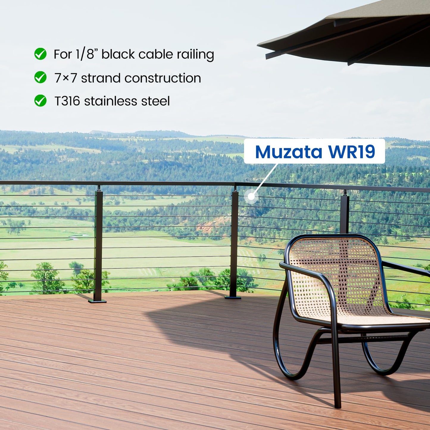 Muzata 600 ft 1/8" Black Stainless Steel Cable Railing System Hardware T316 Stainless Steel Wire Rope 7x7 Strands 1800 lb Breaking Strength Black Cable Railing Kit for Indoor Outdoor WR19