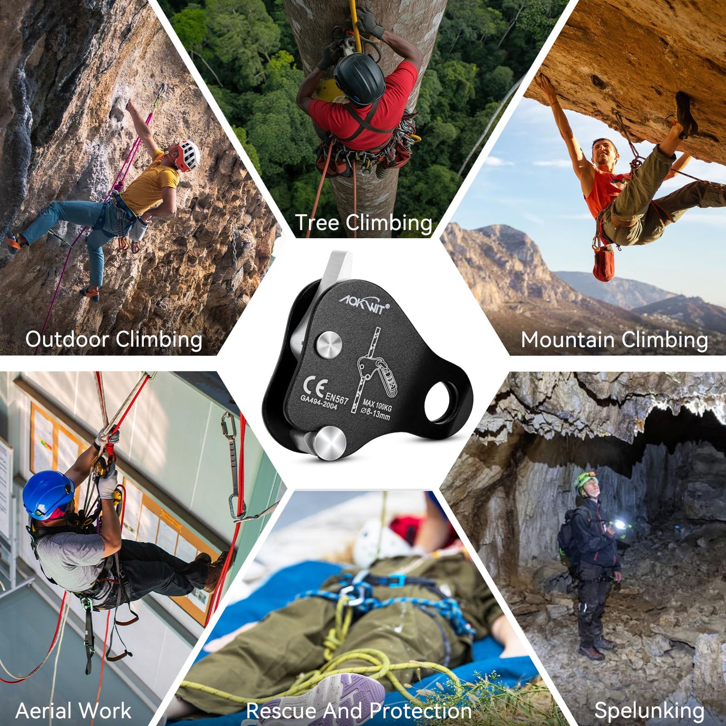 AOKWIT Climbing Ascender Fall Protection Belay Device Climbing Rope Grab for Rock Climbing Mountaineering Tree Arborist Expedition Caving Rescue Aerial Work (Black)