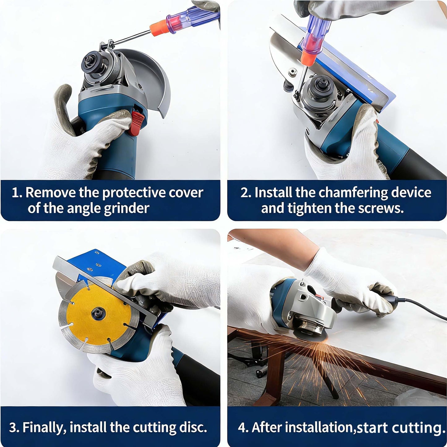 45 Degree Tile Chamfering Tool for 100-Type Angle Grinders, Universal Stand with 5 Diamond Saw Blades, Gloves, 39 Inch Hose, Screwdriver, Adapter Washers