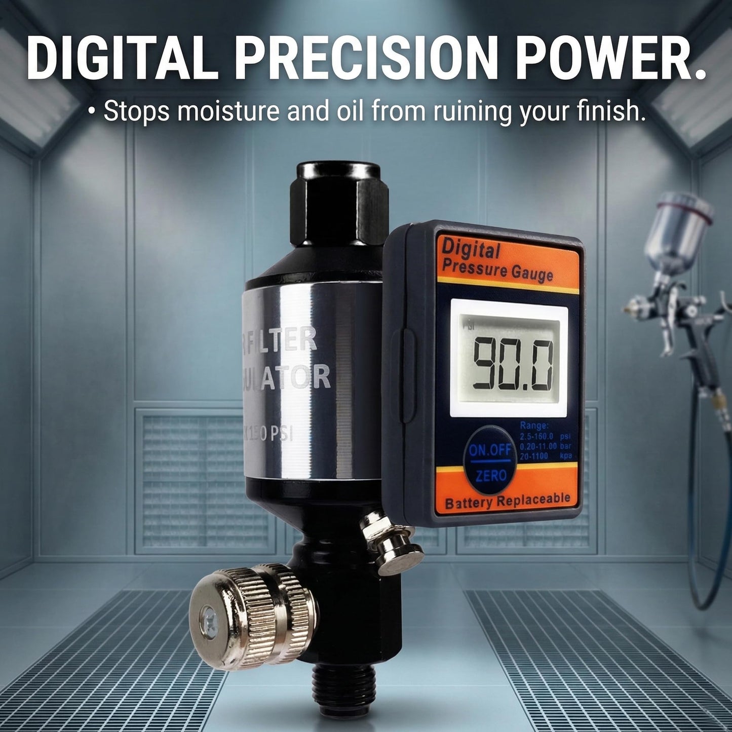 LE LEMATEC Digital Air Pressure Regulator & Water Separator with Moisture Trap, 1/4 NPT, for Air Compressor Oil & Dirt Removal, Inline Dryer for Pneumatic Tools & Spray Gun - AI303-R2