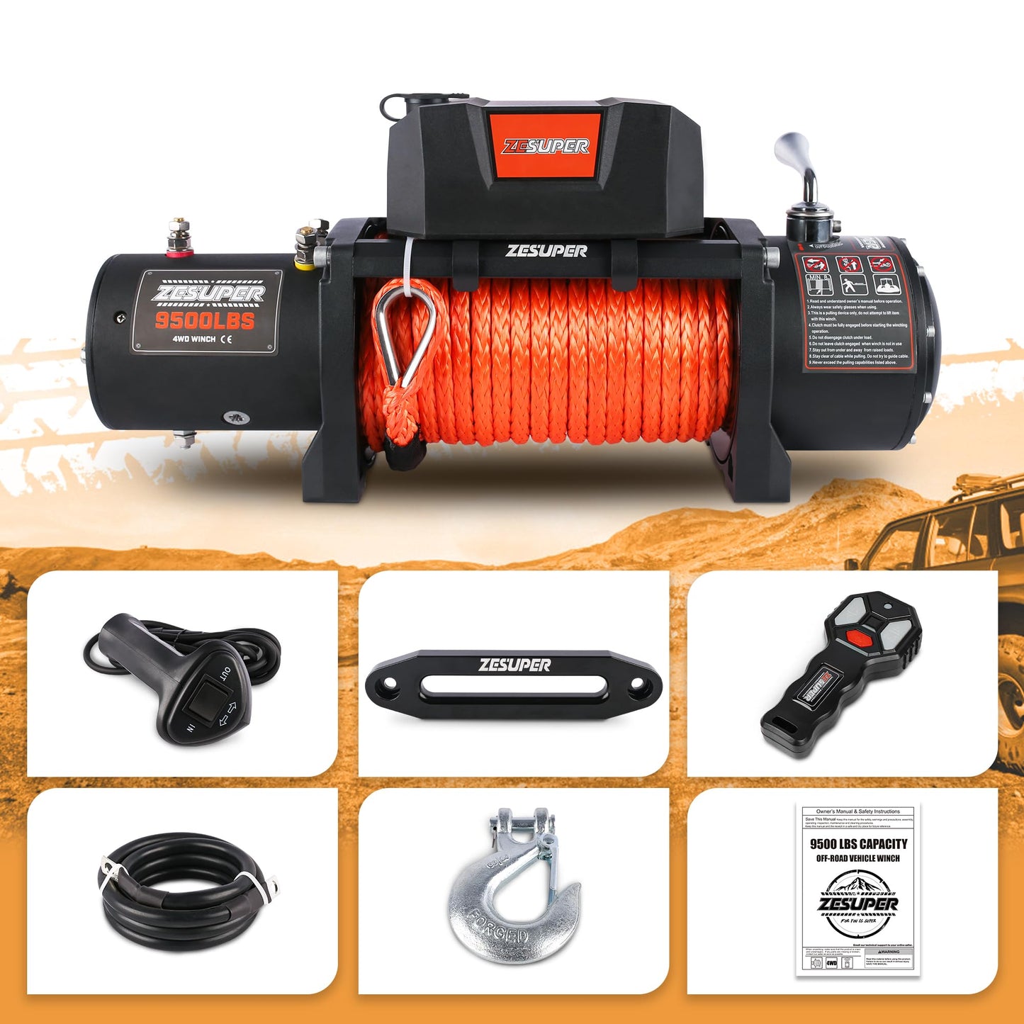 ZESUPER 9500 lb Load Capacity Electric Winch,12V Waterproof IP68 Winch with Wireless Handheld Remotes, Wired Switch,Hawse Fairlead, 80ft Synthetic Rope Winches for Jeep Trailer Truck Off-Road Vehicle