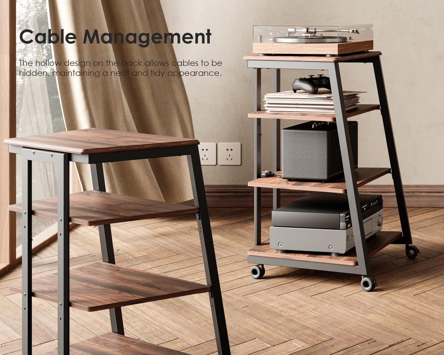 FITUEYES Design 4-Tier AV Media Stand Corner Shelf for Record Player Wooden Stereo Cabinet Audio Rack Tower with Height Adjustable Wooden Shelves for ps4 (Walnut)