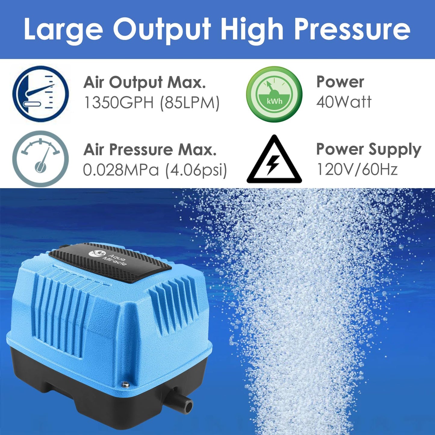 AquaMiracle Super Powerful Linear Air Pump AP-80 Pond Aerator, 1350GPH Koi Pond Air Pump Septic Aerator, for Hydroponic, Waste Treatment, Fish Farm, Seafood Restaurant