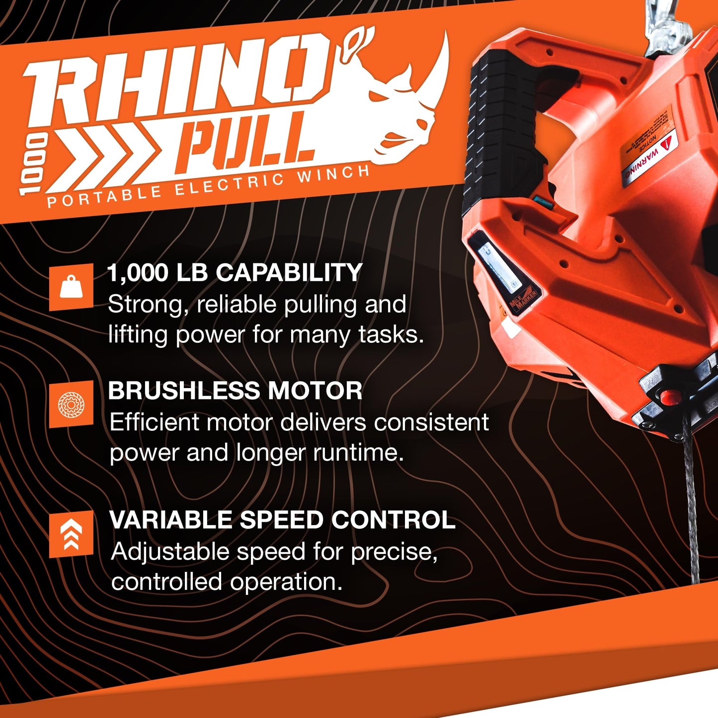 Mile Marker 71-1000 71-1000-29 Rhino Pull 1000 Portable Electric Winch | 39 Feet of Synthetic Rope | Lifts or Pulls Up to 1000 Pounds | Includes Extra Battery